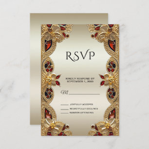 Carte RSVP en grès rouge Fleurs dorées