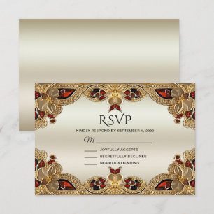 Carte RSVP en grès rouge Fleurs dorées