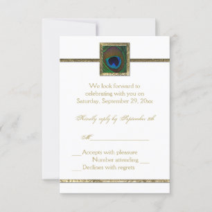 Carte RSVP en plume Peacock Blanc et Or