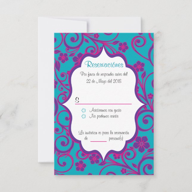 Carte RSVP espagnole Quinceañera bleu et violet (Devant)