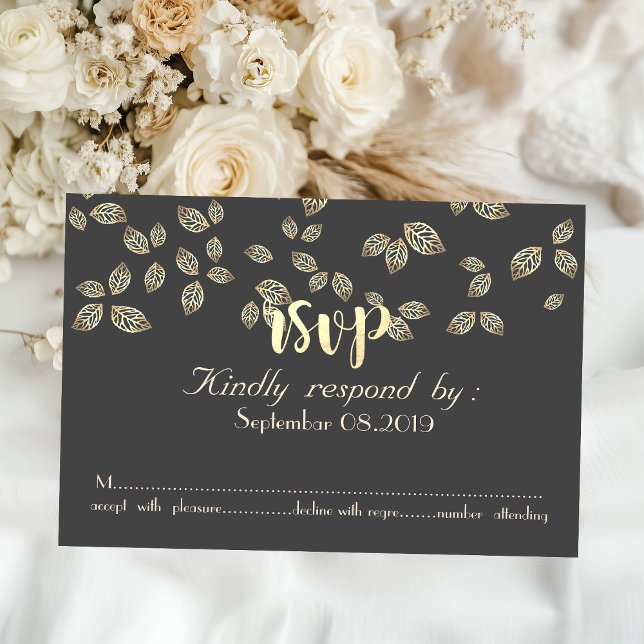 Carte RSVP Feuilles d'Or Élégant Chic (Créateur téléchargé)