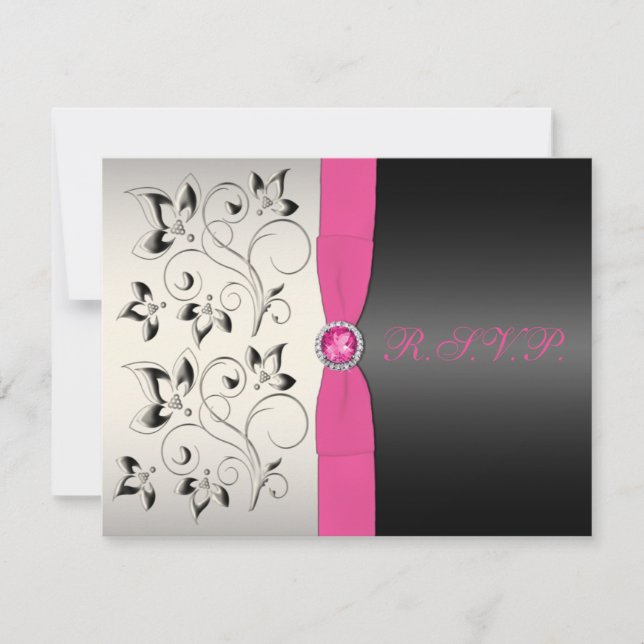 Carte RSVP Fleur d'argent noir rose RIBBON IMPRIMÉ (Devant)