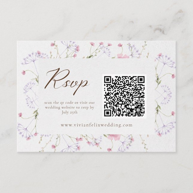 Carte RSVP Fleur sauvage QR Code Elegant Crème (Devant)
