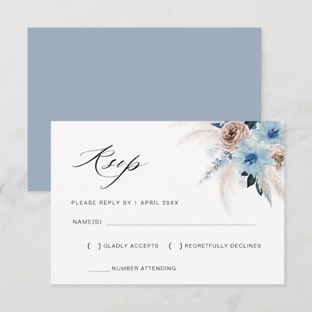 carte RSVP fleurie Pampas beige bleu poussiéreux (Devant / Derrière)