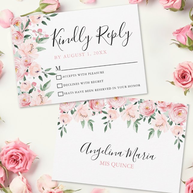 Carte RSVP Floral Blush Rose Quinceanera (Floral Blush Pink Quinceanera RSVP Card )