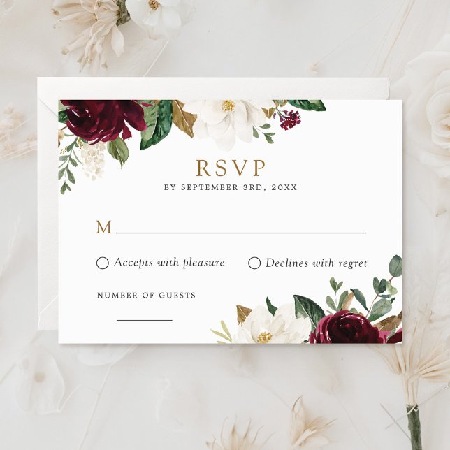 Carte RSVP Floral Elegant Bourgogne Blanc Magnolia (Créateur téléchargé)