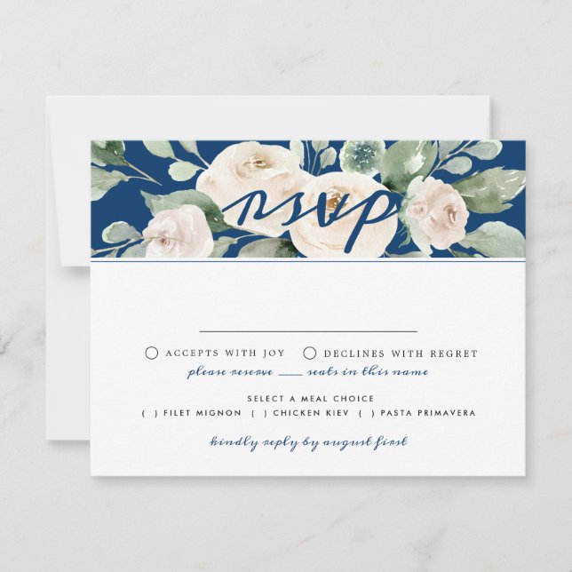 Carte RSVP Floral Rose blanche avec choix de repas (Devant)
