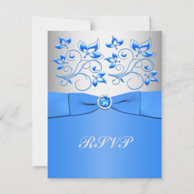 Carte RSVP florale bleu et argent (Devant)