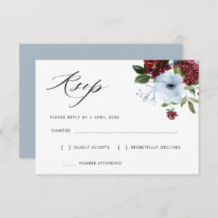 carte RSVP florale bleu roux bordeaux