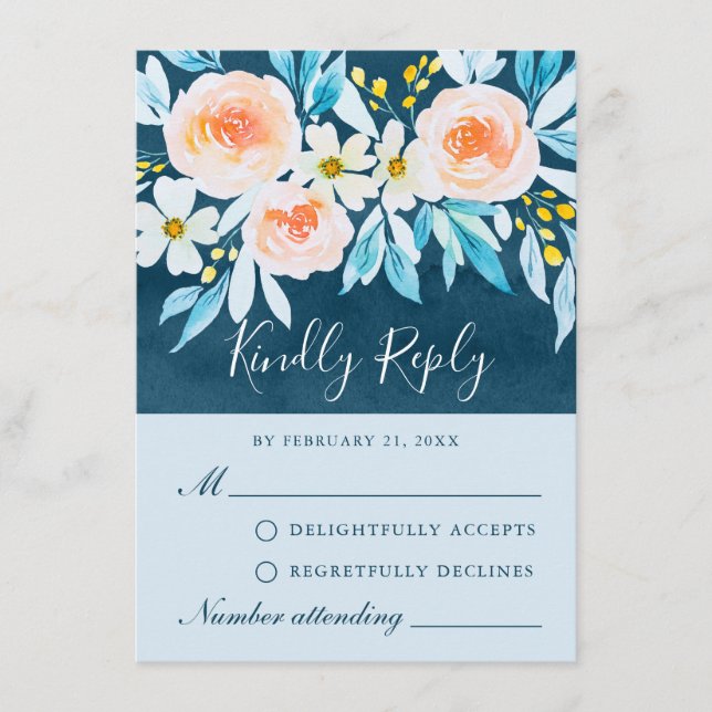 Carte RSVP florale couleur bleu marine moderne (Devant)