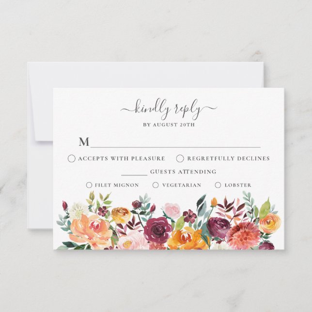 Carte RSVP florale d'automne avec choix de repas (Devant)