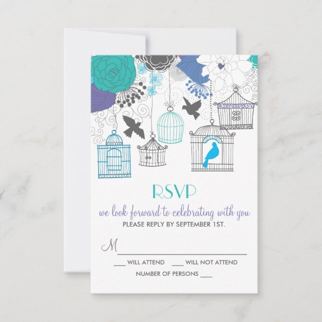 Carte RSVP florale de printemps avec cages à oisea (Devant)