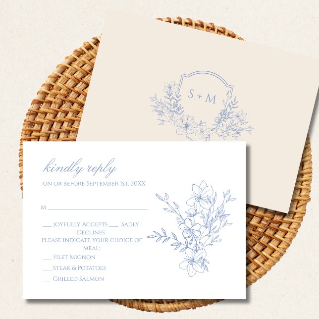 Carte RSVP florale en crête monogramme bleu poussi (Créateur téléchargé)