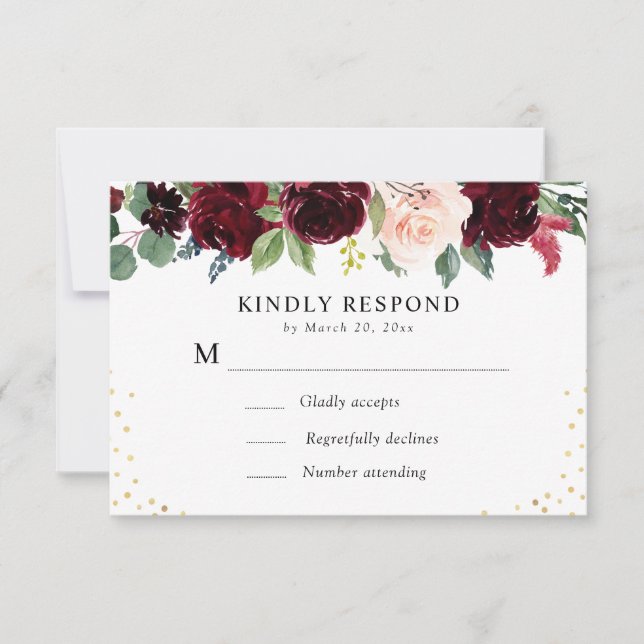 carte RSVP florale marine bordeaux (Devant)