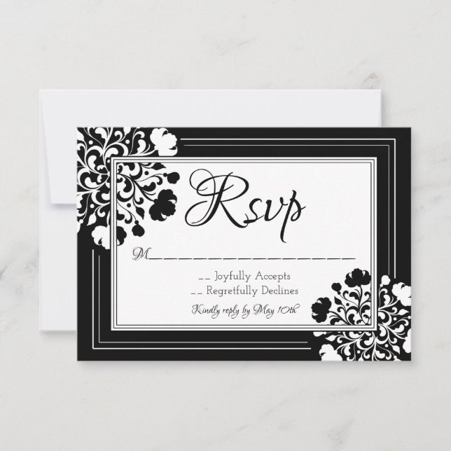Carte RSVP florale noire et blanche élégante (Devant)