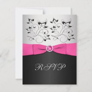 Carte RSVP florale rose, noir et argent