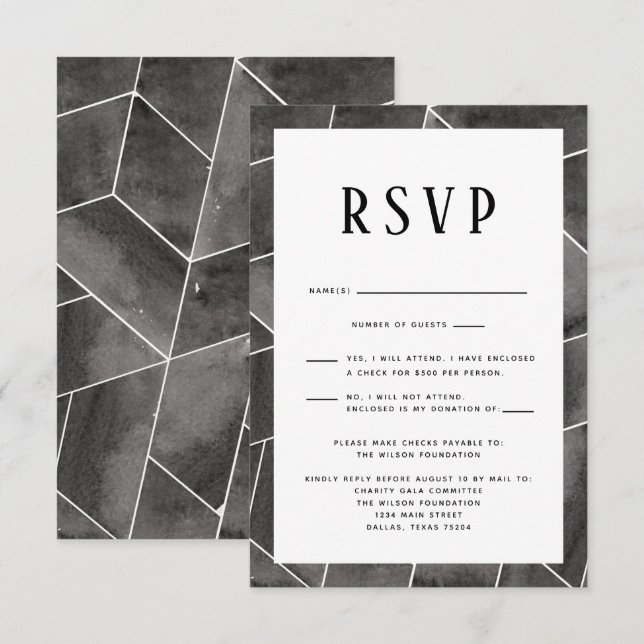 Carte RSVP Gala Géométrique Noir (Devant / Derrière)