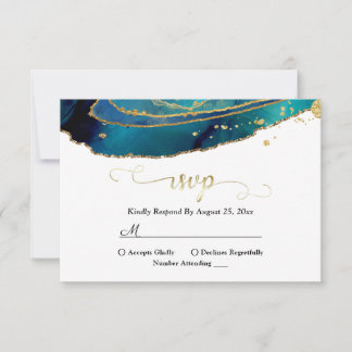 Carte RSVP Géode doré Turquoise Aquarelle moderne