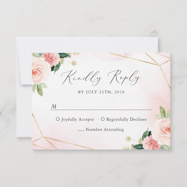 Carte RSVP Géométrique Florale Rose & Or (Devant)