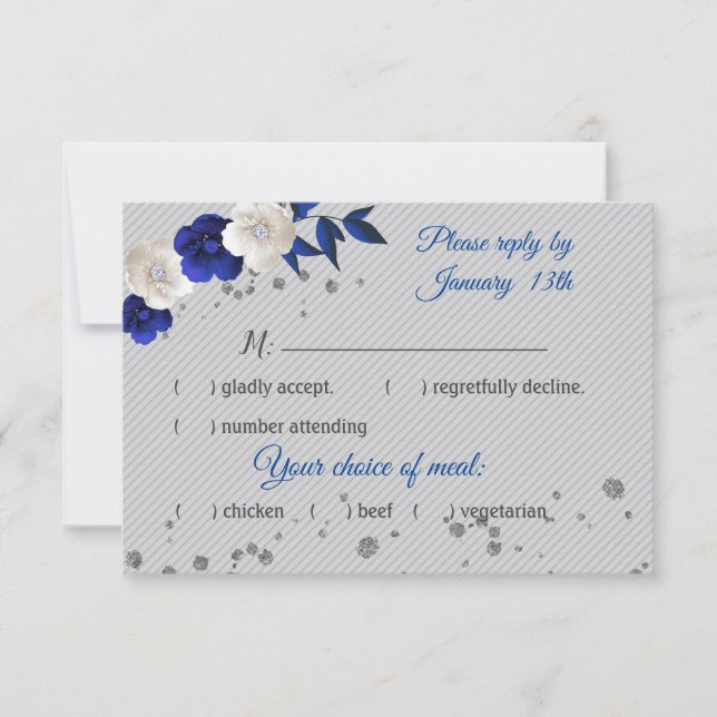 carte rsvp gris bleu royal fleurs blanches (Devant)