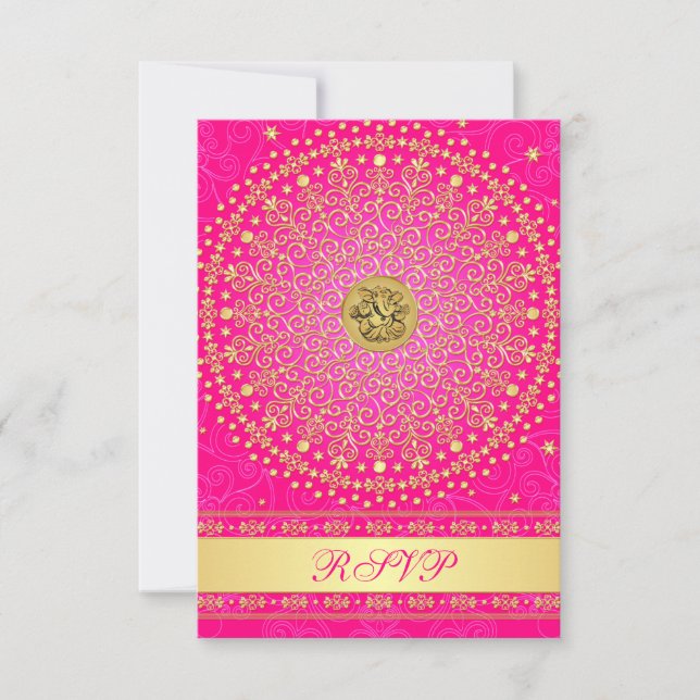 Carte RSVP Hindu Ganesh Rose, Gold Scrolls Wedding (Devant)