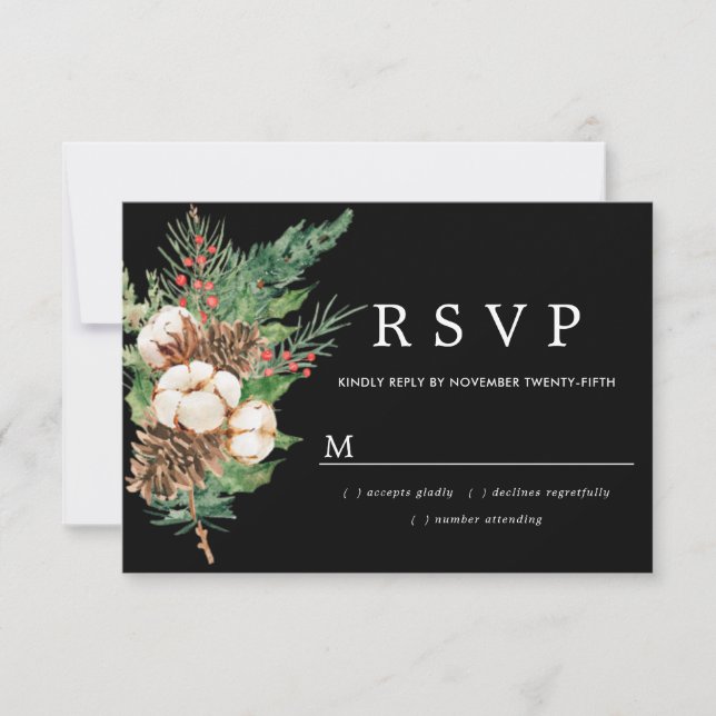 Carte RSVP Holly Pine White Floral Winter Wedding (Devant)