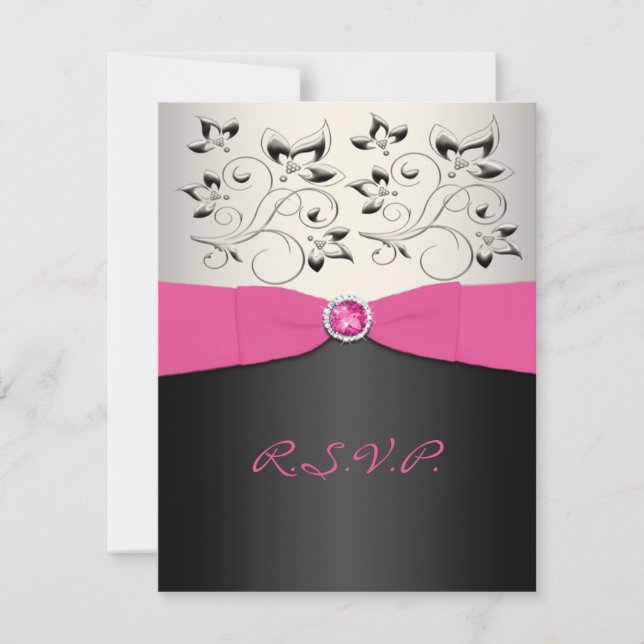 Carte RSVP IMPRIMÉE RIBBON Rose, Noir, Argent (Devant)