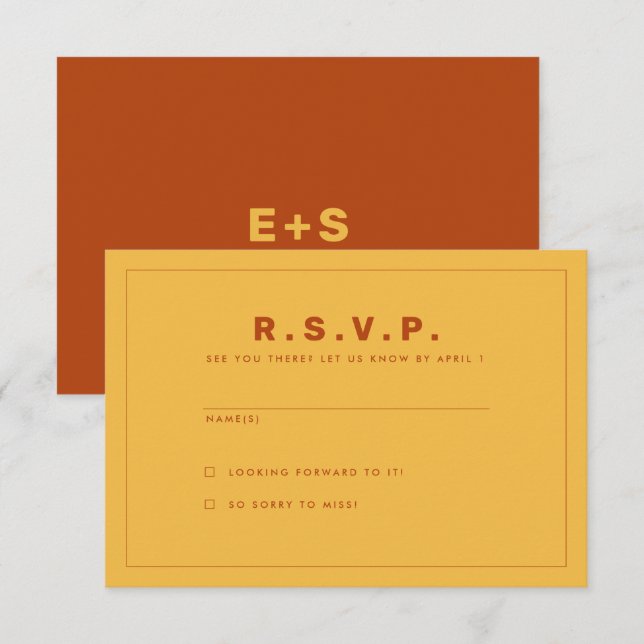 Carte RSVP inspirée de Wes Anderson orange et jaun (Devant / Derrière)