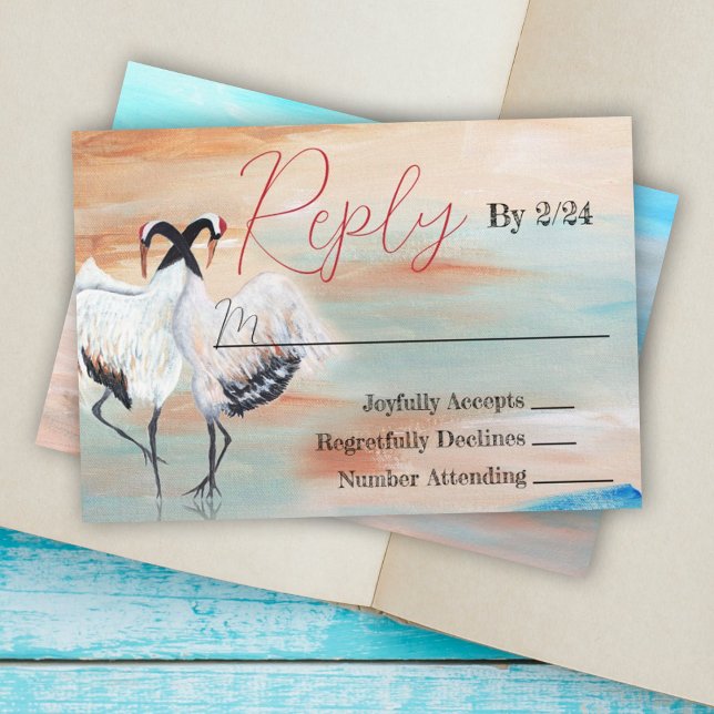 Carte RSVP japonaise de mariage de grue Tancho (natural beige white asian cranes origami japanese wedding reply response return enclosure cards)