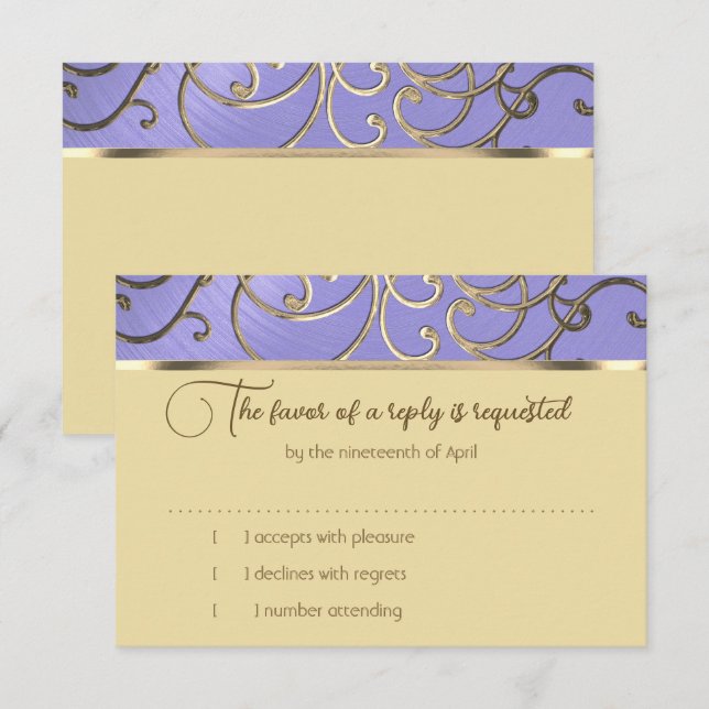 Carte RSVP Lavande Élégante Purple Gold Filigree (Devant / Derrière)