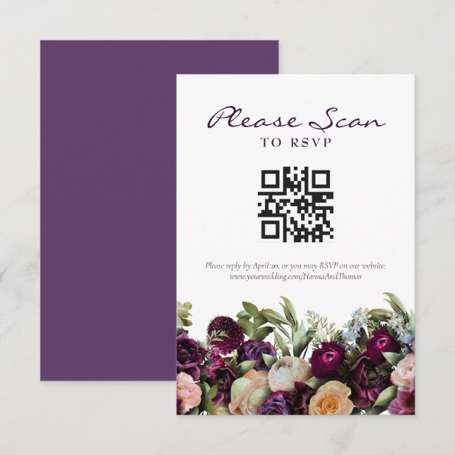 Carte RSVP Lavendar Dark Flork Mariage QR Code (Devant / Derrière)