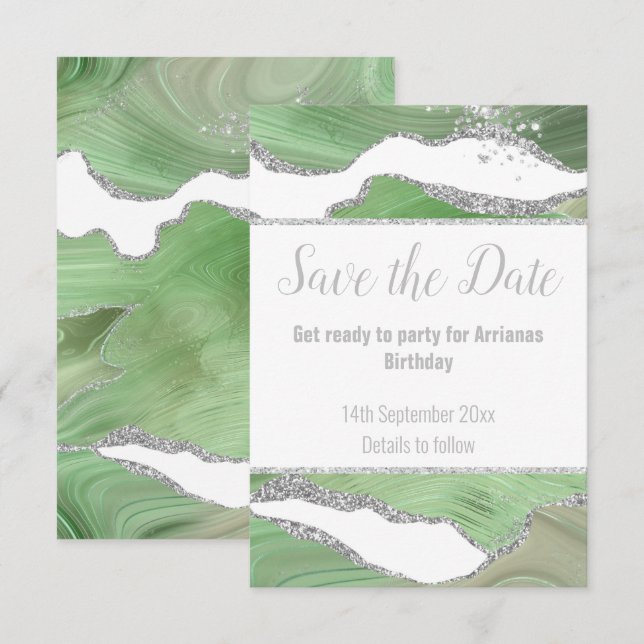 CARTE RSVP LUXE MARBRE ARGENT VERT RÉPONSE (Devant / Derrière)