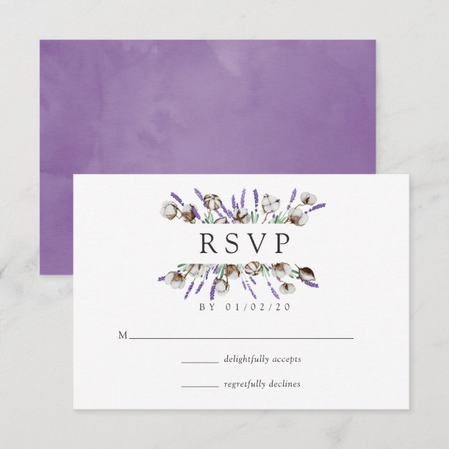 Carte RSVP Mariage Campagnard Lavande en Coton Aqu (Devant / Derrière)