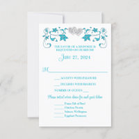 Carte RSVP Mariage Coeurs d'Amour Turquoise, Argen