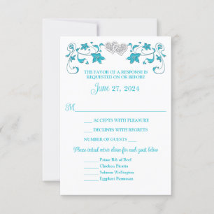 Carte RSVP Mariage Coeurs d'Amour Turquoise, Argen