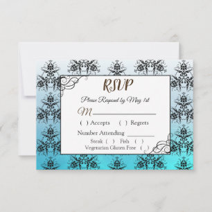 Carte RSVP Mariage damassé noir et bleu
