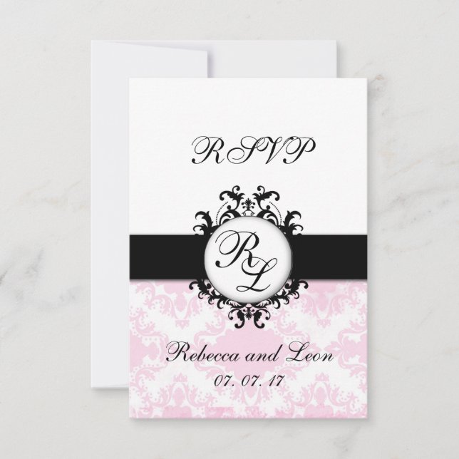 Carte RSVP Mariage damassé Rose Pic Initiales (Devant)