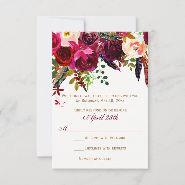 Carte RSVP Mariage - Floral Bourgogne, Plumes (Devant)
