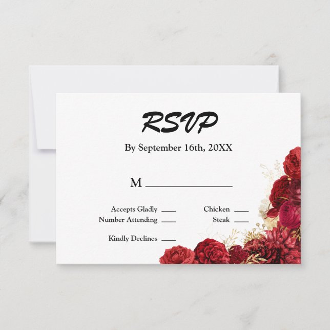 Carte RSVP Mariage Floral Rouge Et Or (Devant)