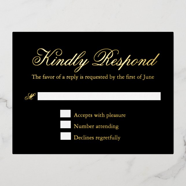 Carte RSVP Mariage Formelle Noire Traditionnelle (Recto)