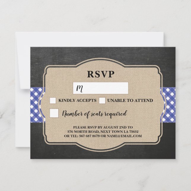 Carte RSVP Mariage Gingham Bleu BBQ Burlap (Devant)