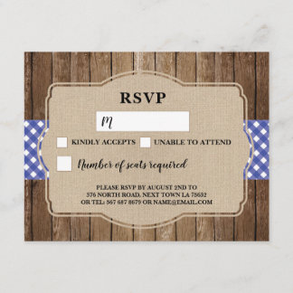 Carte RSVP Mariage Gingham Bleu BBQ Burlap