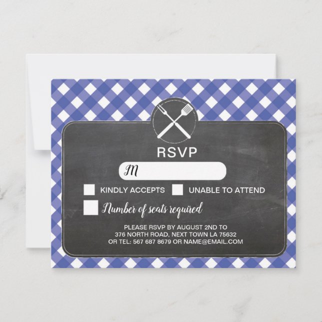 Carte RSVP Mariage Gingham Bleu BBQ Craie (Devant)