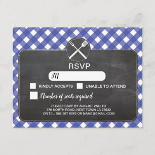 Carte RSVP Mariage Gingham Bleu BBQ Craie