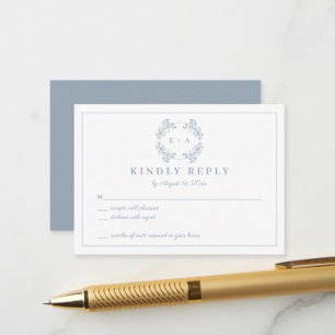 Carte RSVP Mariage Monogramme bleu Dusty vintage
