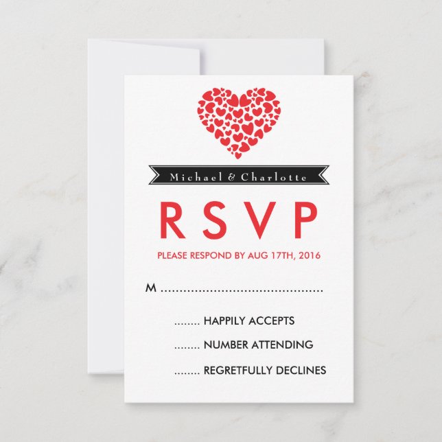 Carte RSVP mariage noir et blanc avec coeur rouge (Devant)