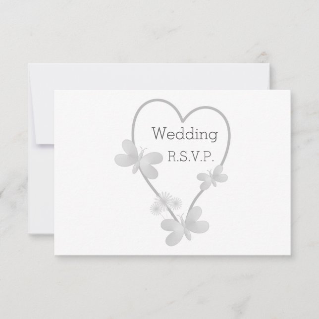 Carte RSVP Mariage Papillons Coeur Argent (Devant)
