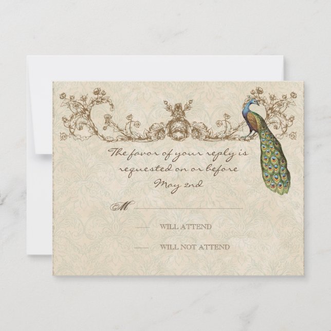 Carte RSVP Mariage Peacock & Etchings vintage (Devant)