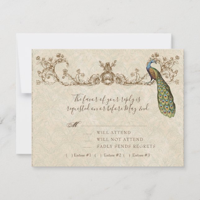 Carte RSVP Mariage Peacock & Etchings vintage (Devant)