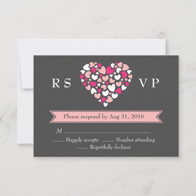 Carte RSVP mariage rose gris avec amour et coeur (Devant)